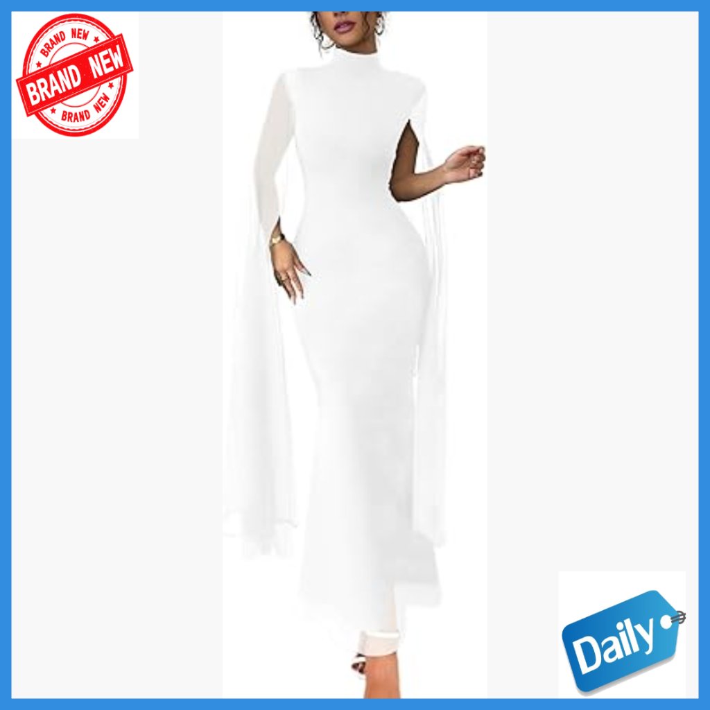 Formal Maxi Dress Mock Neck Flare Sleeve Mesh Evening Gown Bodycon